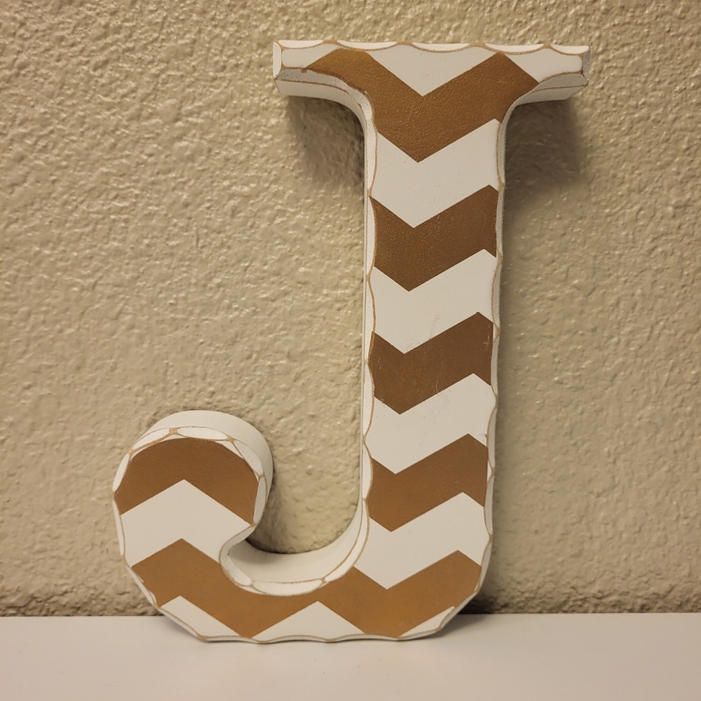 Prinz White & Gold Chevron Striped Wooden Letter 'J'